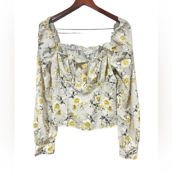 Row.A Long sleeved Ruffle Floral Blouse Top Smocked Off Shoulder Tan & Yellow XL - Picture 1 of 7
